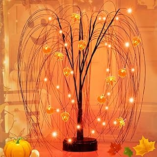 Lighted Fall Decor Tabletop Tree for Home, 40 LED Light Up Willow Orange Tree Thanksgiving Table Decor, DIY Pumpkin Hazelnut Maple Leaves Ornaments Battery USB Powered Timer for Autumn Party