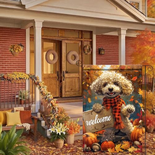 Image of Nuxovilar 12x18 inch Poodle Dog Plaid Scarf Welcome Flag