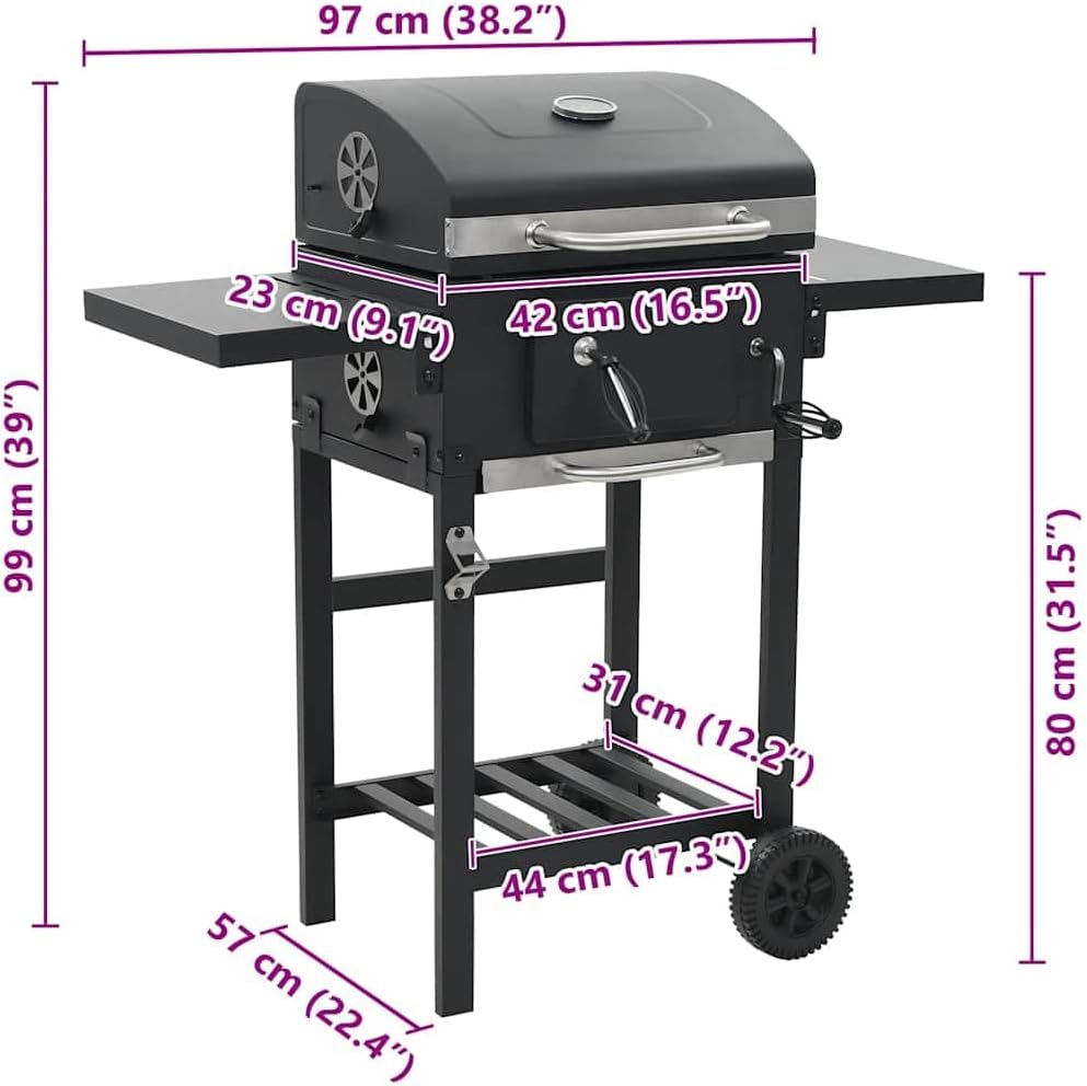 Diagram showing the dimensions of the vidaXL Charcoal Barbecue Grill