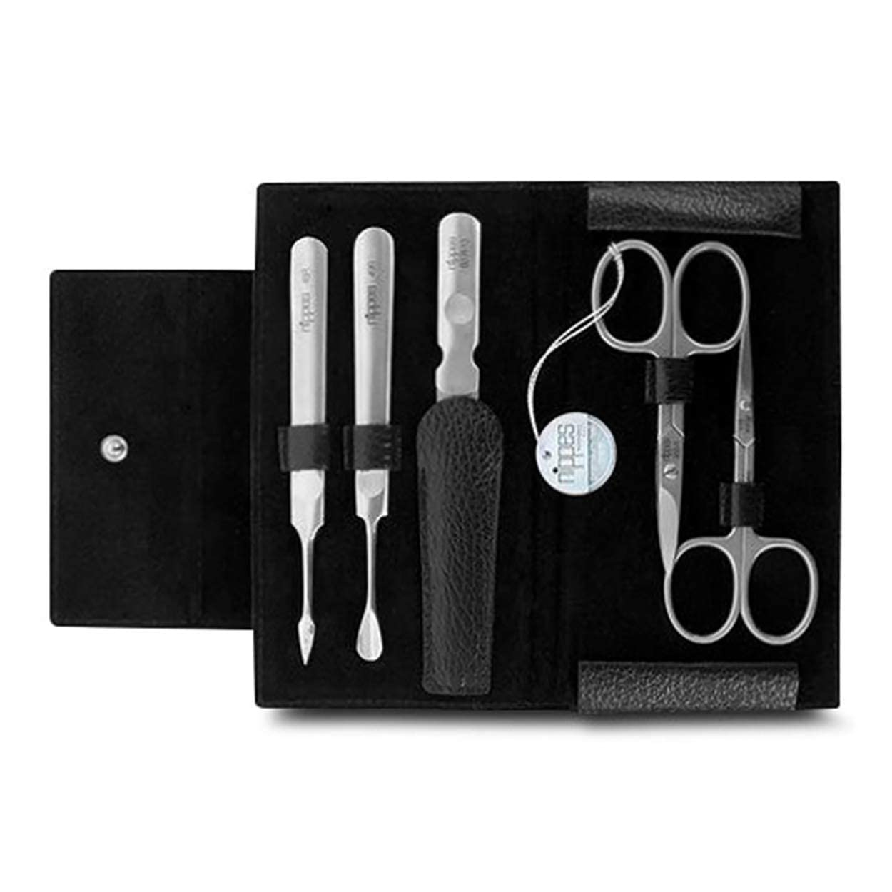 nippes Solingen Premium Line Leone Kit de manucure, 5 pièces, en acier inoxydable et sans nickel, avec étui en cuir de vachette avec bouton pression, noir, kit de soin des ongles, fabriqué en