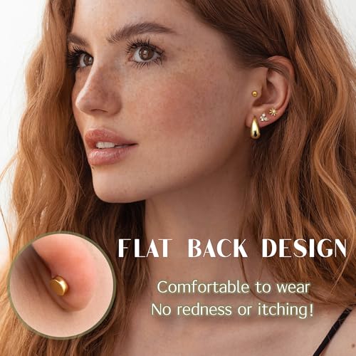FUNRUN JEWELRY Hypoallergenic Gold Studs Earrings for Women Flat Back Stud Cartilage Earring Set Surgical Steel for Sensitive Ear 14K Gold Small Huggie Hoop Flatback Earrings for Helix Piercing Jewelry2