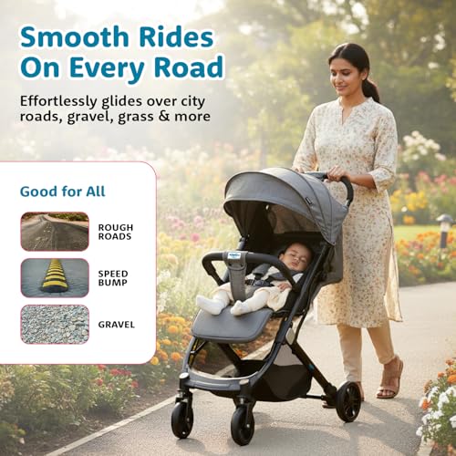Image of Amazon Brand - Supples Baby Stroller for Newborns & Toddlers 0-3 Years | Auto Fold Travel Cabin Trolley Pram | Adjustable Backrest, 5-Point Safety Harness, 360 Wheels | Grey