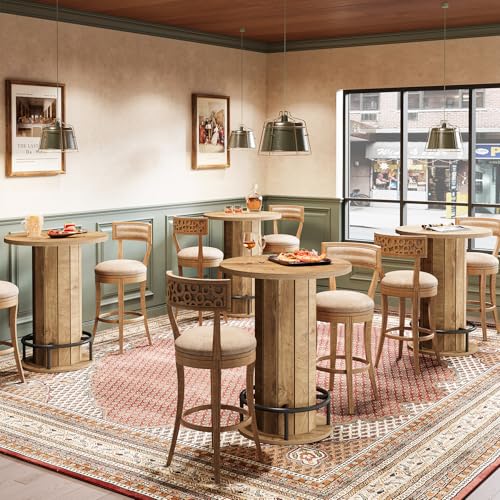Image of Tribesigns Small Round Dining Table, Bar Height Circle Kitchen Table with Footrest, for Small Spaces, Dining Room, Bar, Bistro, Pub, Brown (Only Table)