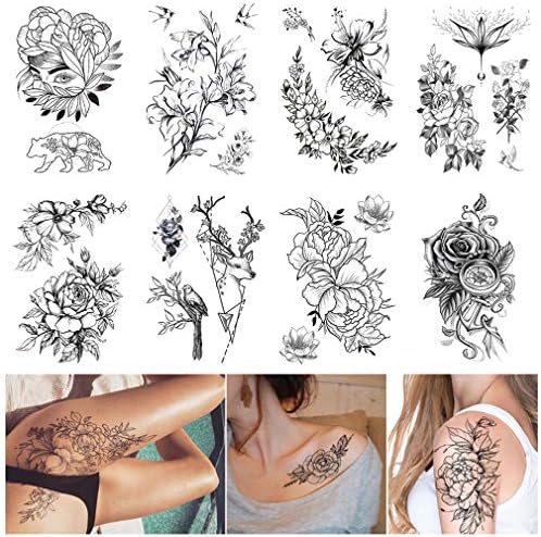 Large Realistic Flower Temporary Tattoos for Women Adults Girls Black Rose Floral Tattoo Sexy Body Tattoo Stickers Realistic Waterproof Fake Tattoo Arm Chest Leg Back Temp Tattoo Paper (8 Sheets)