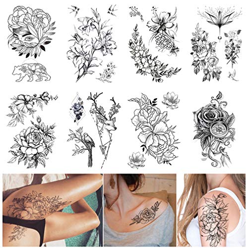 Large Realistic Flower Temporary Tattoos For Women Adults Girls Black Rose Floral Tattoo Sexy Body Tattoo Stickers Realistic Waterproof Fake Tattoo Arm Chest Leg Back Temp Tattoo Paper (8 Sheets) #TOP1
