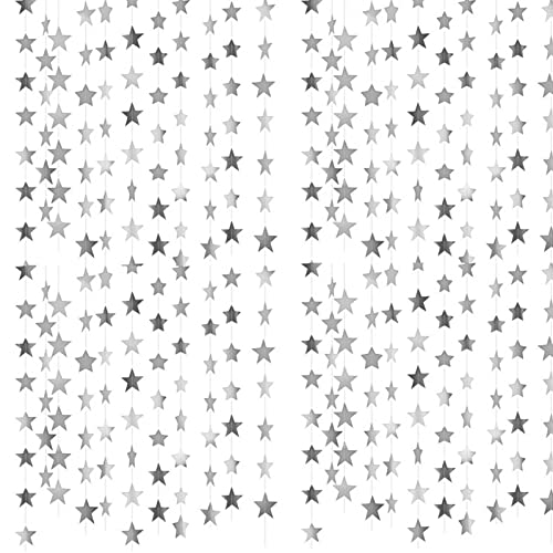 Grinalda de papel refletor de estrela de 52 pés, galhardetes de estrela roxa, decoração pendente, grinalda de estrelas, casamento, cenário (prata)
