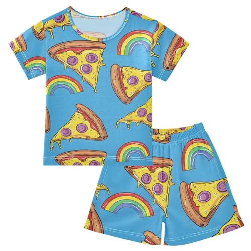 ALAZA Pizza Rainbow Blue Pajamas Short Sleeve 2 Piece Sleepwear Top and Bottom Pajama Set Unisex