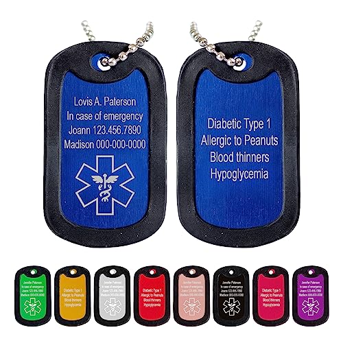 Custom Medical Alert Necklace for Men & Women Aluminum Military Army Style Engraved ID Tag Emergency Awareness Med Safety Jewelry for diabetes, allergy, epilepsy & medical conditions (Engraved text)
