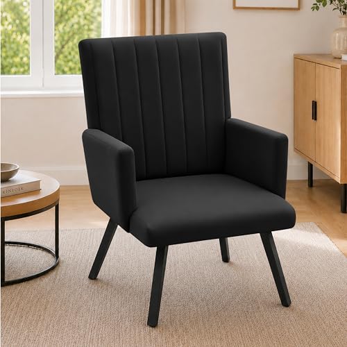 Image of Rosebell Modern Accent Chair for Living Room | Single Seater Chair with Armrests & Metal Legs | Comfortable Lounge Chair for Bedroom, Reading & Office | Black