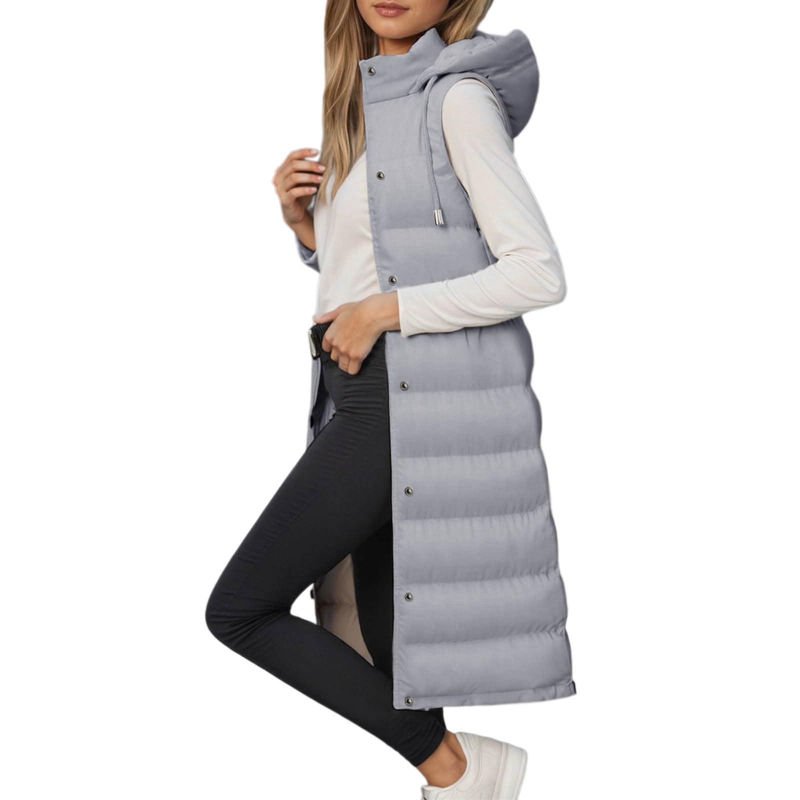 Steppweste Damen Lang Ärmellose Weste Kapuze Warm Daunenweste Gesteppt Wintermantel Reissverschluss Longweste Steppjacke Outdoor Leichte Jacke Kapuzenweste Herbst Elegant Übergangsweste mit Taschen