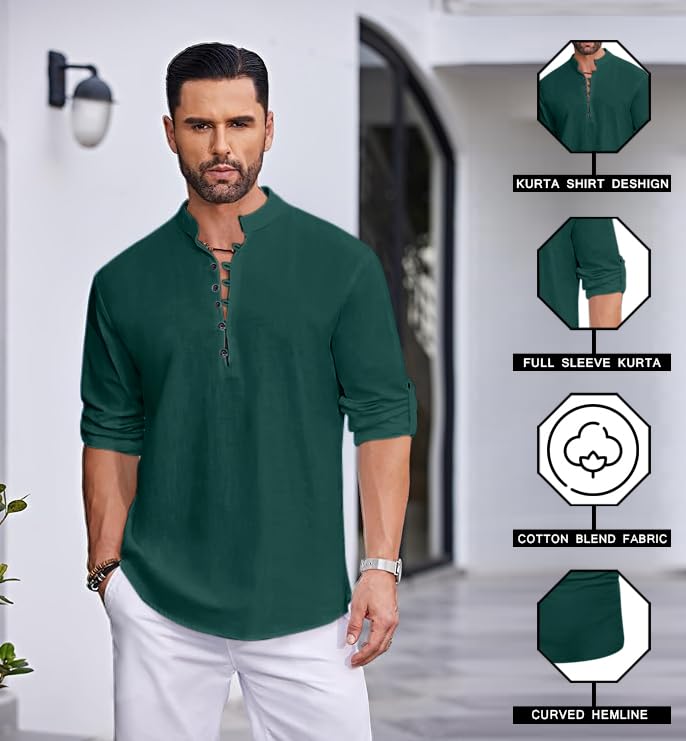Image of FINIVO FASHION Men's Straight Fit Cotton Blend Kurta with Foldable Sleeves & Formal Collar - Solid Color, Pack of One