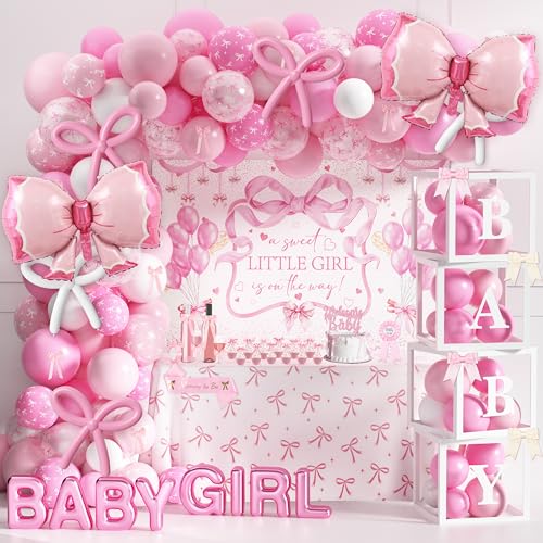 143PCS Pink Baby Shower Decorations for Girl, Welcome Baby Girl Party Decorations, Coquette Pink Bow Theme Backdrop Balloon Baby Boxes Banner for Girl...