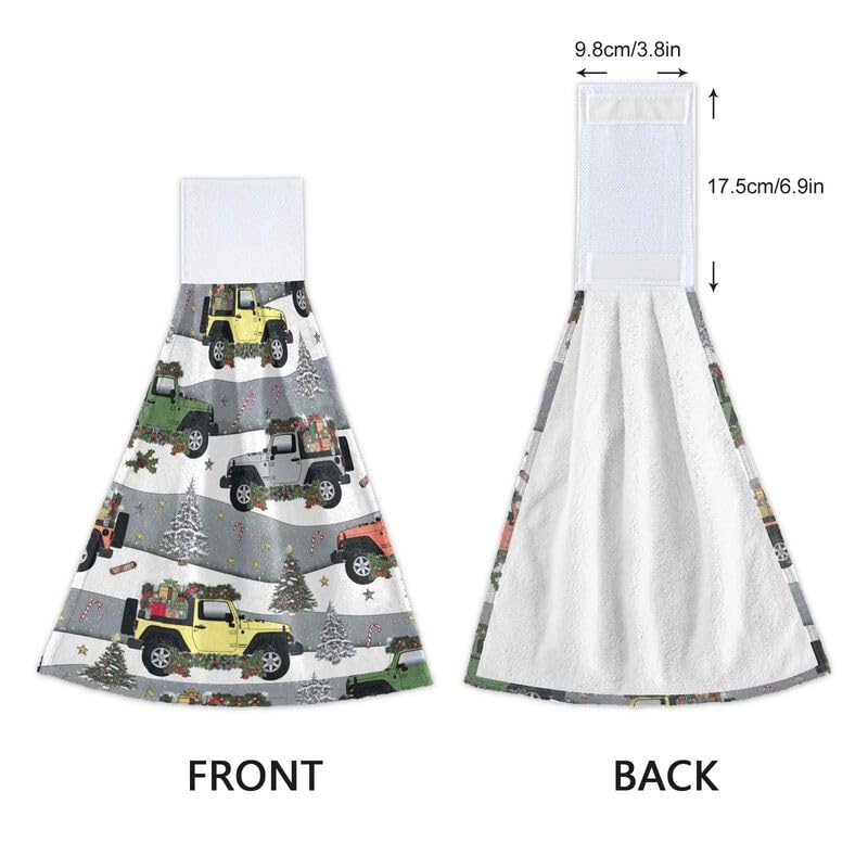 KOCOART Christmas Jeeps Kitchen Towels Winter Bathroom Hand Towel Hanging Tie Towel with Loop 2PCS Soft Absorbent Dish Cloth Fingertip Towel for Oven Stove Handle Tabletop