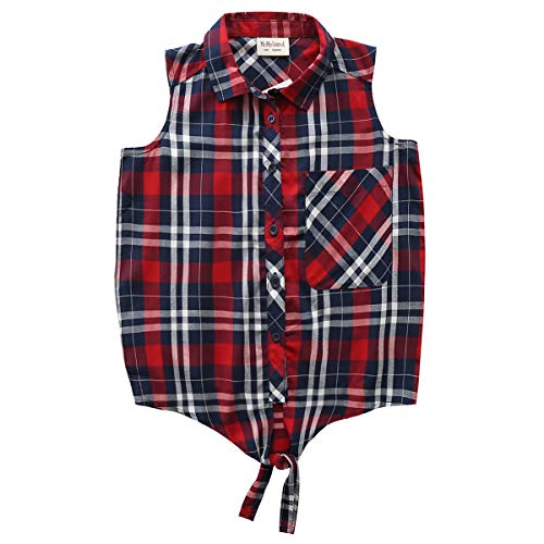Image of Little Big Girls Sleeveless Woven Plaid Button Down Shirts with Collar Red Black Navy Color