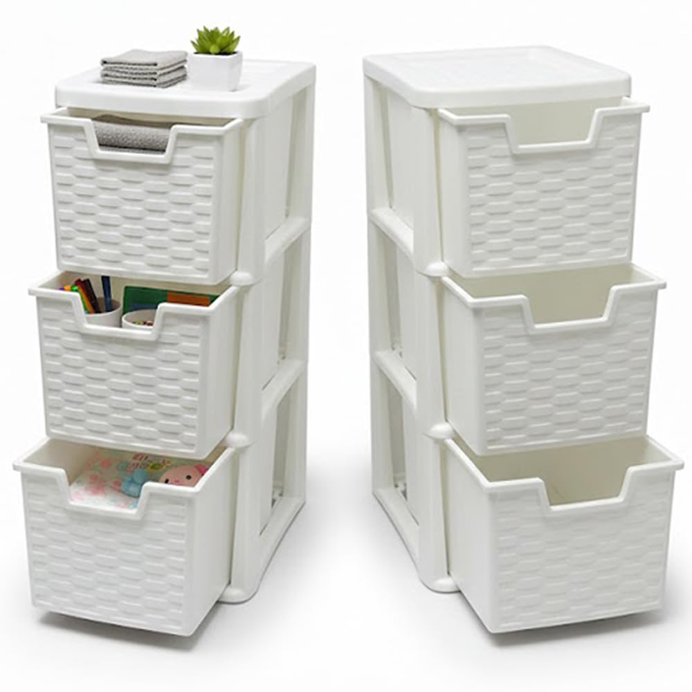 SIDSONS 3 Tier Rattan Drawers - Multipurpose Storage Organization, Modular Medium Storage Tower For Home, Office, Garage, White Desktop Drawer, Rattan Effect 48cm Height x 25cm Depth x 19cm Width (2)