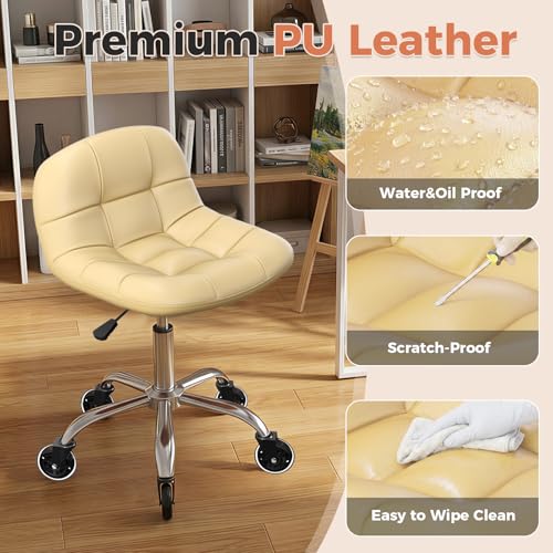 Image of Rolling Stool Chair with Wheels, Height Adjustable Stool with Back Support, Office Drafting Chair with PU Leather Cushion for Home Office Kitchen Vanity Salon Garage Tattoo Dentist Esthetician(White)