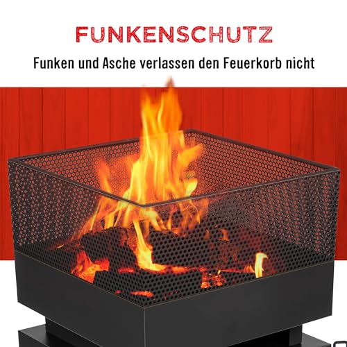 Feuertonne mit Funkenschutz - Feuerkorb 39 x 39 x 85 cm - Gartenkamin für Brennholz - Terrassenofen mit Schürhaken und Brennholzlager - Deko Terrasse - Karbonstahl – Bild 5