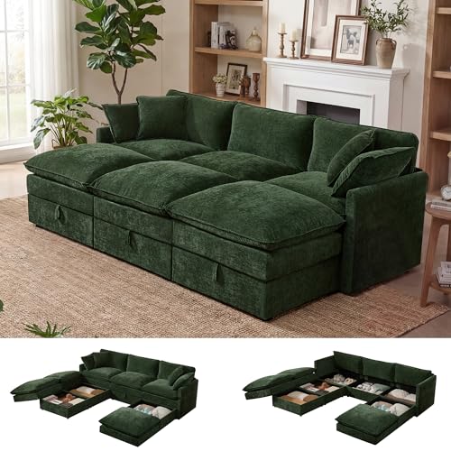 WorthFurni Modular Sectional Sofa Bed with Storage Ottomans,103" Cloud Couch,6-Seater Comfy Modern Couches with Pillows & Upholstered Deep Seat Cushion for Apartment Living Room BedroomοΌGreenοΌ