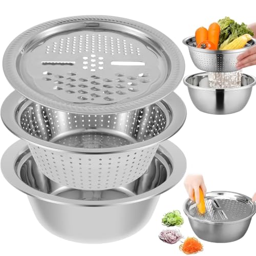 Image of Stainless Steel Colander with Mixing Bowl Set - Heavy Duty Microporous Strainer Basket for Washing Rice, Fruits & Vegetables (3 in 1 Strainer Drainer Cutter)