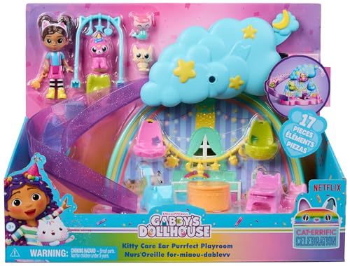 Gabby's Dollhouse Kitty Care Ear Purrfect Playroom – 17-Piece Playset with 4 Toy Figures, Dollhouse Furniture, Doll Accessories & Baby Doll Stuff for Kids Ages 3+