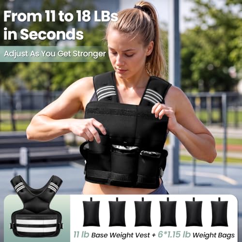 Image of Adjustable Weighted Vest for Women and Men, 4-11lb /11-18lb /20-32lb Vest | Removable Weight Vest with 6 Weights, Storage Phone Pocket, Reflective Stripes, for Walking, Running and Strength Training