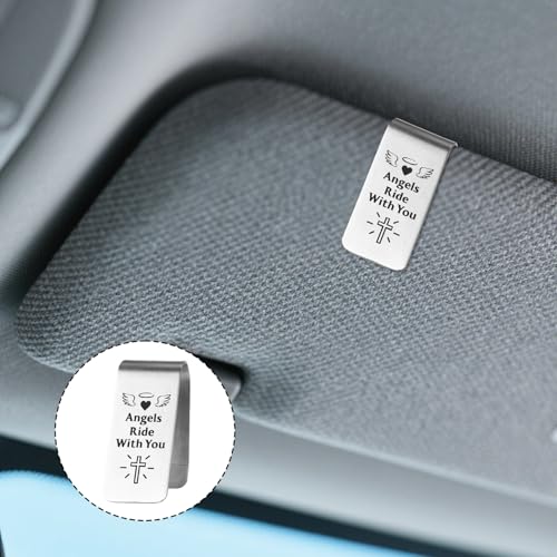 Image of Penitue Engraved Guardian Angel Car Visor Clip, Inspirational Car Visor Clip Driving Safe Accessories for Women Men Family Friend New Driver Gifts (Silver)
