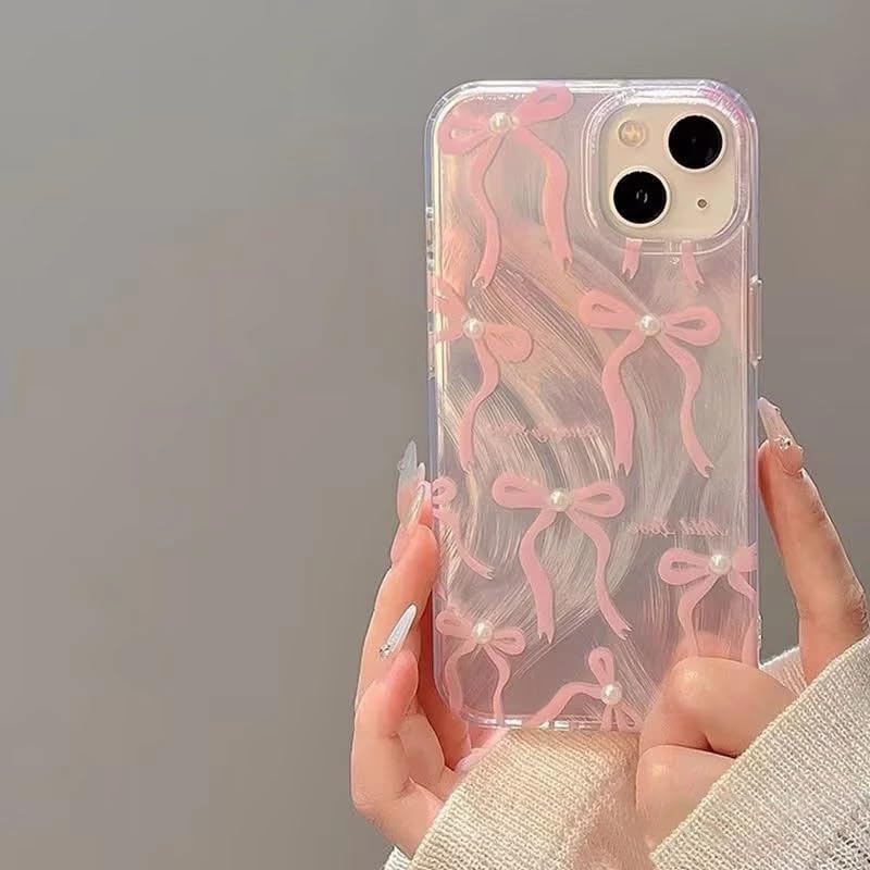 Image of COVERLY Luxury Bow & Pearl Aesthetic Designer Back Cover for iPhone 12 Pro - Slim Shockproof Soft TPU Case with Handcrafted Real Pearl Accents & Coquette Ribbon Art (Blush Pink & Pearlescent White)