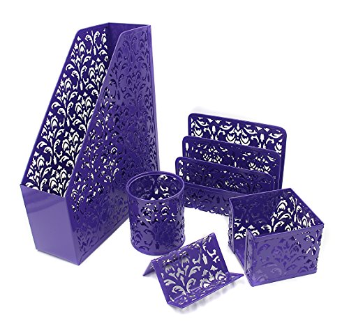 EasyPAG Desk Organizer Set - Pencil Holder Letter Sorter File Holder Business Card Holder and Sticky Note Holder, Purple