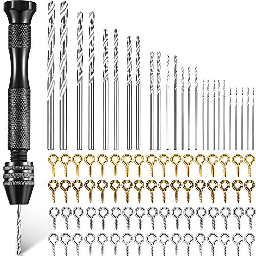 426 Pieces Pin Vise Hand Drill Set, Precision Hand Drill Pin Vise Drill with 25 Pieces Mini Twist Drill Bits 400 Pieces Screw Eye Pins Metal Eye Screw Hooks for Jewelry Craft Making Supply