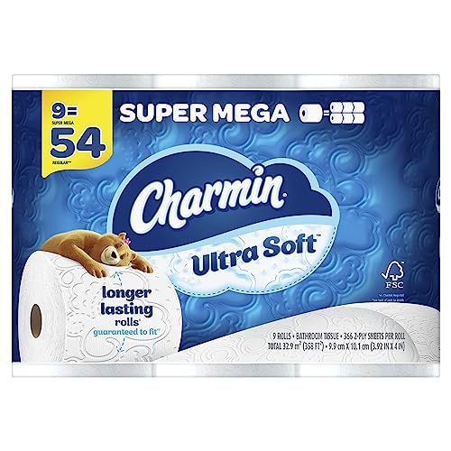 Image of Charmin Ultra Soft Super Mega 2-Ply Toilet Paper Rolls, 4 inch x 4-1 /2 inch, White, 366 Sheets Per Roll, Pack of 9 Rolls