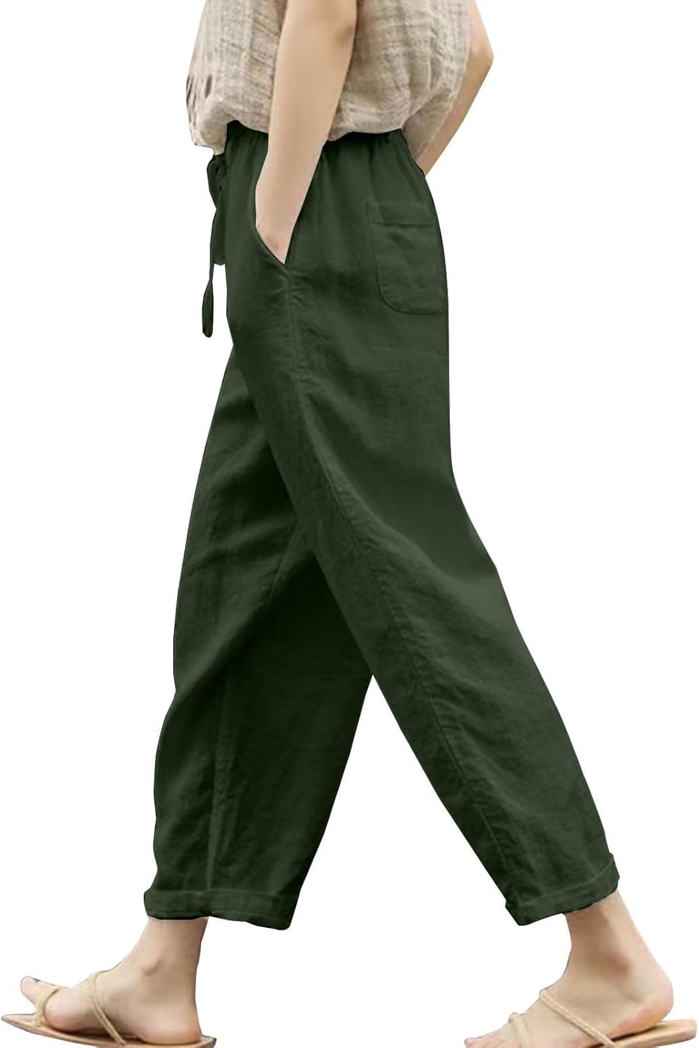 Womens Linen Pants with Pockets High Waist Comfy White Casual Pants Lightweight Loose Trousers