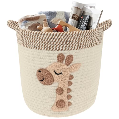 Toy Storage Basket Woven Cotton Rope Storage Baskets with Embroidery Decor for Kids Laundry Blanket Basket Dirty Clothes Baskets with Handles for Living Room Nursery Kids Bedroom