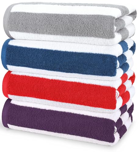 Utopia Towels Cabana Stripe Beach Towel, Oversized 100% Ringspun Cotton Pool Towels, Highly Absorbent Bath Towels for Beach (Red, Navy, Grey & Plum, 30X60 Inch - 4 Pack)