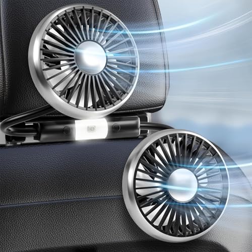 Mavryxen Car Fan for Backseat Dual Head with LED Lights USB Powered Car Seat Fan 3 Speeds and 360 Rotatable Car Cooling Fan for Sedan SUV RV Truck (180cm Cable)