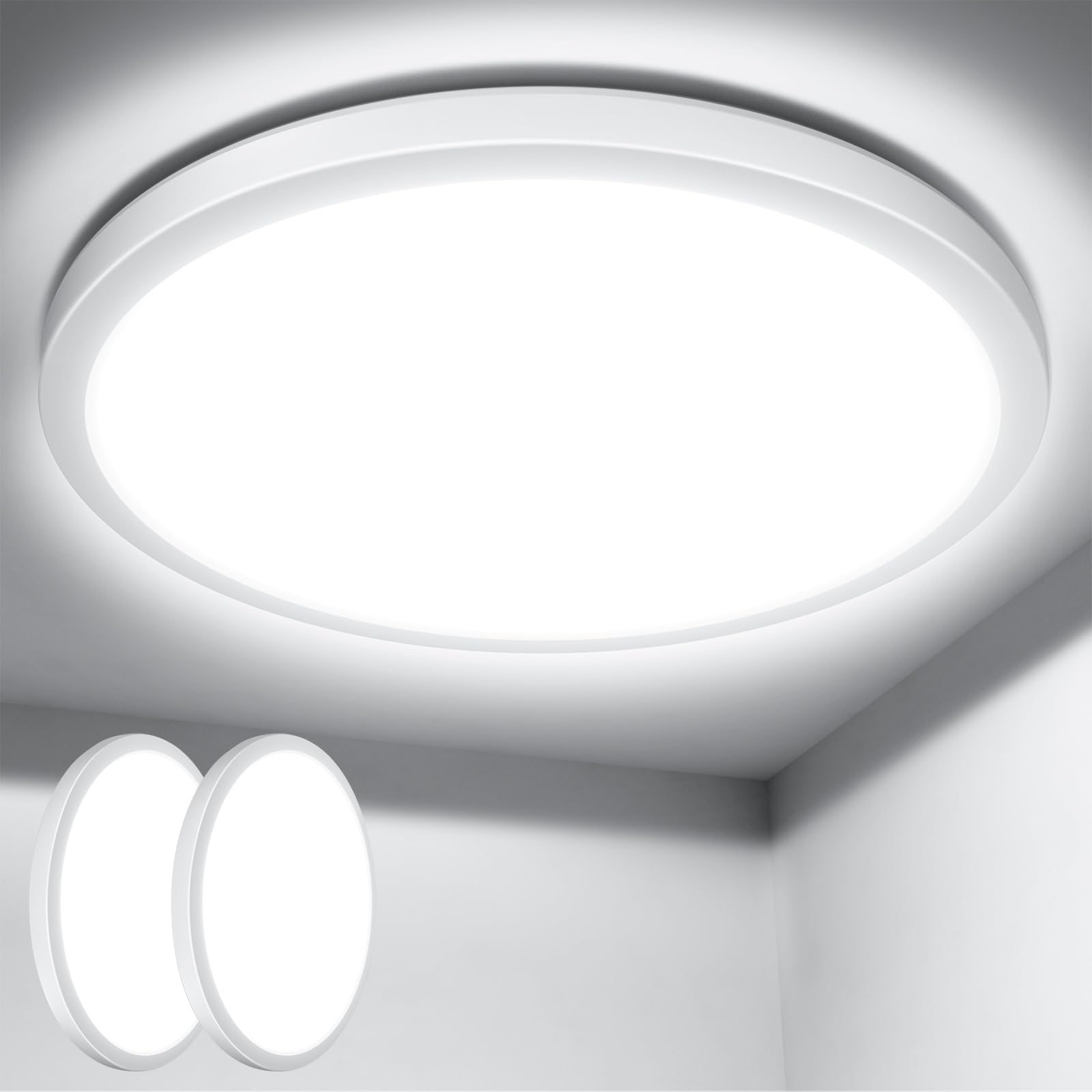Lepro White 2 Pack Of Bathroom Lights, 18W 1800Lm Led Ceiling Light, Waterproof Ip44, 2.6Cm Ultra-Thin, 5000K, Round, Flush Ceiling Lighting For Bathroom, Kitchen, Bedroom, Hallway, Utility Room, Ø22cm