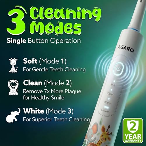 Image of AGARO Rex Oscillating Kids Electric Toothbrush, 3 Cleaning Modes, Oscillating Round Head, 2 Replaceable Heads, 2-Min Smart Timer, USB-C Rechargeable (Up to 21 Days), IPX7 Waterproof