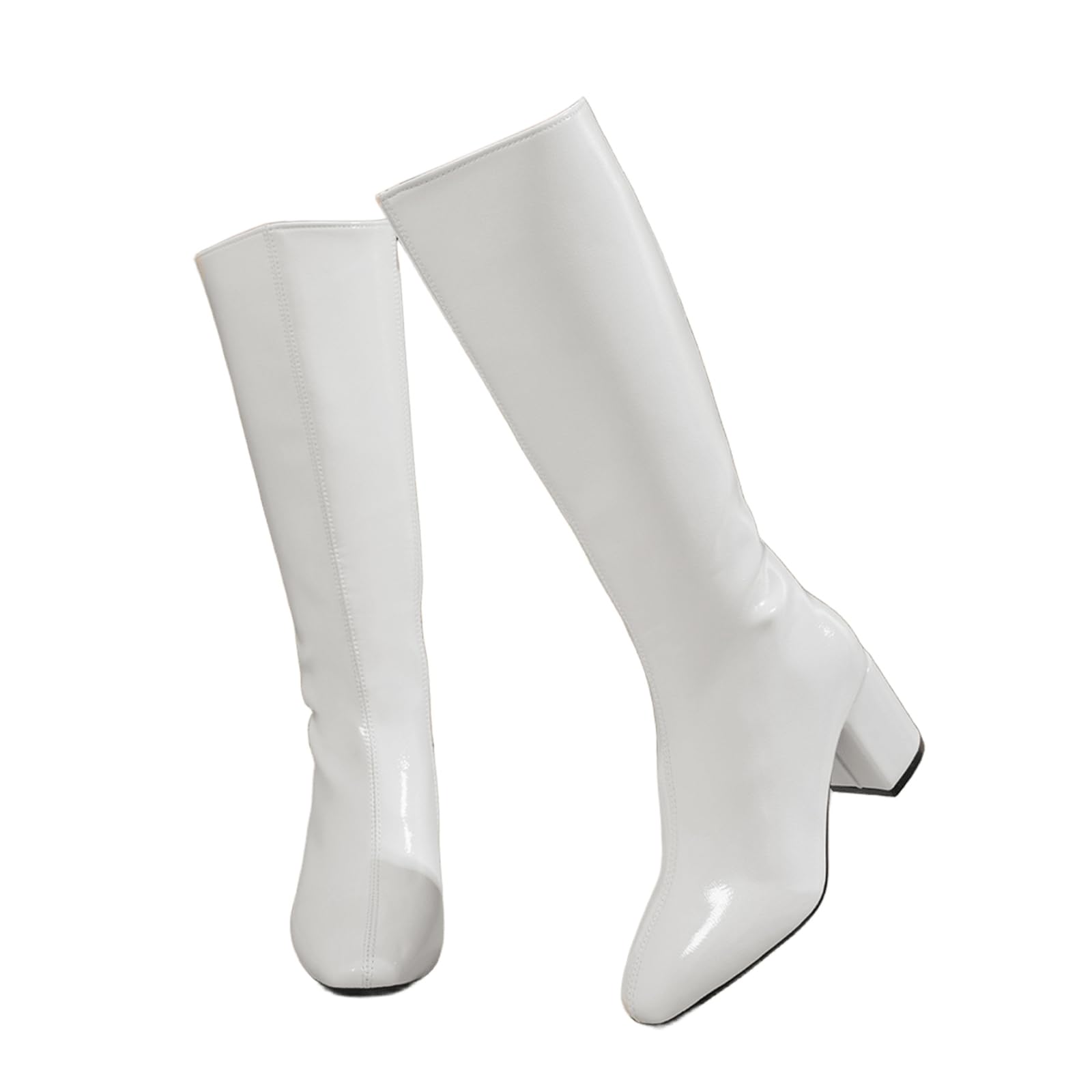 Womens Gogo Boots Knee High Block Heel Square Toe Mid Calf Boots PU Leather Ladies Party Dance Shoes