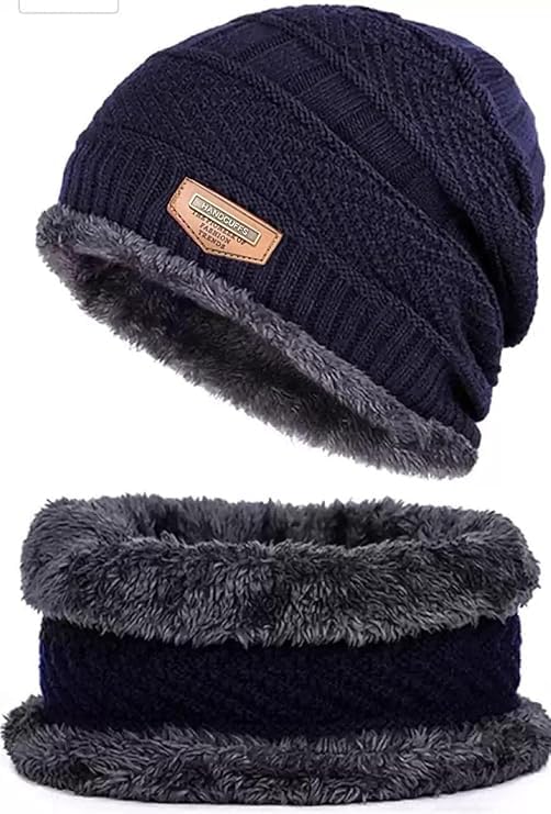 Winter Cap for Men–Woolen Beanie, Neck Warmer, Muffler for Men– Cold Weather Outdoor Wear(Navy)-image-34