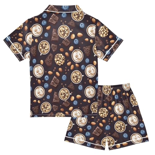 Coffee Blueberry Chocolate Print Summer Pajamas Set Soft Satin Pjs Sets 2 Piece Short Sleeve Sleepwear Casual Clothes2