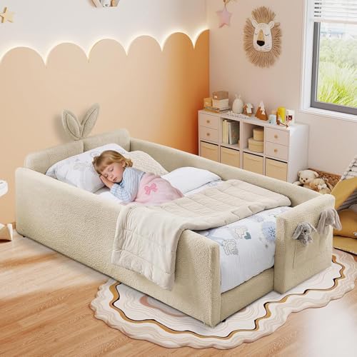 Image of Twin Size Bed Frame for Kids, Upholstered Daybed Frame Floor Bed with Safety Rails and Storage Pocket Cute Rabbit Ear Shaped Headboard for Kids Teens Boys Girls, Camel