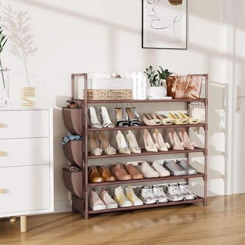 Image of VILICK Shoe Rack for Closet Shoe Organizer Space Saver Storage for 20-25 Pair Shoe Shelf with Hook and Side Pocket Free Standing 5 Tier Shoe Rack Organizer for Entryway,Small Spaces, Brown