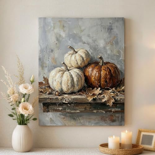 Lienzo decorativo de calabazas blancas y hojas naturales para salon y hogar