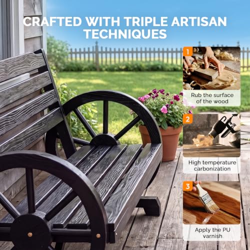 Image of VINGLI Rustic Wooden Wheel Bench Outdoor Bench, Patio Bench Wagon Slatted Seat, Garden Benches for Outdoors 350lbs High Capacity, Weather Resistance (Black, 55in)