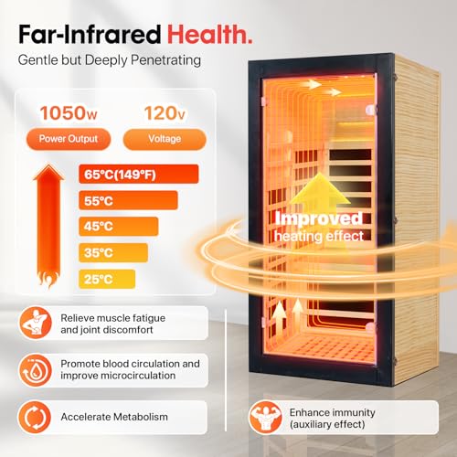 Image of OUTEXER Sauna One Person Infrared Saunas Room Chilean Pine Wood 1050W Dry Saunas Spa with 7 Color Starry Sky Light Oxygen Bar Cup Holder 30.7x30.7x62.2inch