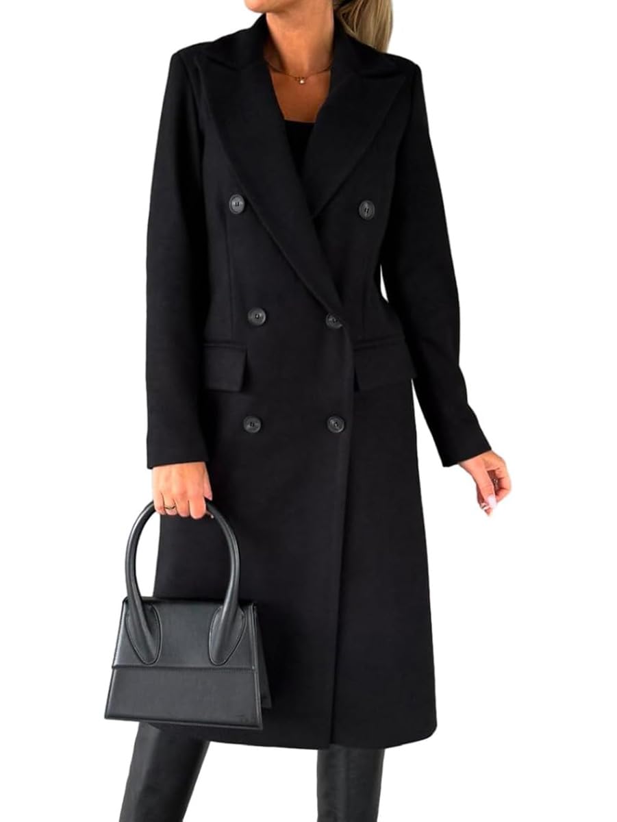 IDEALSANXUN Womens Long Wool Coat Double Breasted Trench Coat Fall Winter Clothes, Black, Large