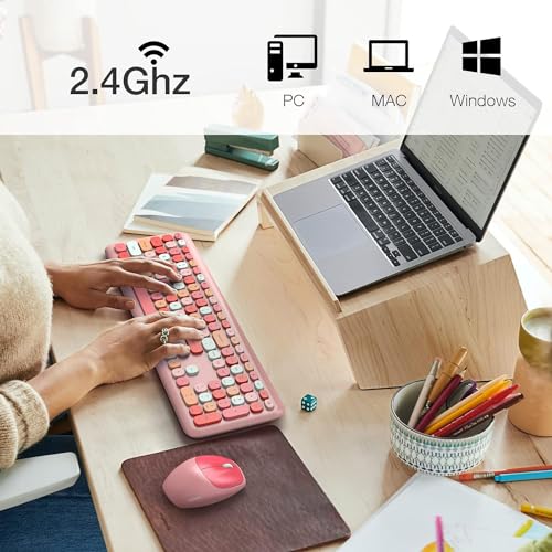 Image of KNOWSQT Wireless Keyboard and Mouse Combo, Pale Pink Full-Sized 2.4G Silent Keycap Colorful Keyboards, USB Dongle Plug Play, for Laptop, Windows, PC, Computer, Desktop