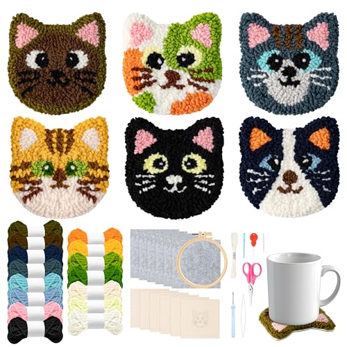 Image of WATINC Craft Punch Needle Coaster Kit, 22Pcs Easy Art Work Decor Craft Supply for Beginners, DIY Set of 6 Kitten Head Pattern Tufted Rug Pads with Adhesive Felt Yarns Embroidery Hoop Tools Instruction