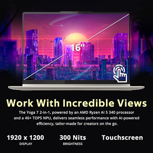 Image of Lenovo Yoga 7 2-in-1 Copilot+ Laptop, 16 inch WUXGA Touchscreen, AMD Ryzen AI 5 340, 16GB LPDDR5X, 1.5TB(512GB SSD+1TB Docking Station), Fingerprint, Backlit Keyboard,FHD Webcam, Win 11, Seashell