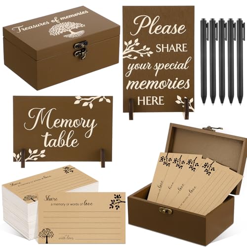 Image of Gilprop 112 Pcs Celebration of Life Memory Cards Set Share a Memory Cards with Box 2 Wood Sign with 4 Hold and 5 Pens, Sympathy Memorial Gifts Funeral Keepsake Decorations (Tree)