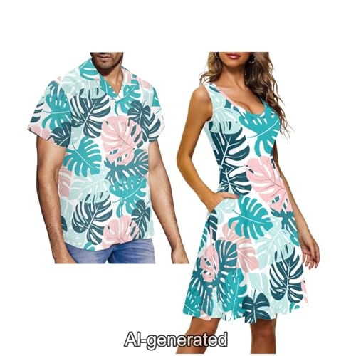 Image of Dreaweet Summer Dresses for Women A-Line Sleeveless Flowy Sun Dresses,Men's Casual Button-Down Shirts,Couple Matching Outfits